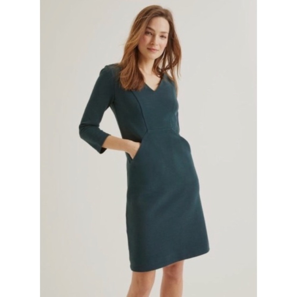 Boden Teal Green Ottoman Ribbed V Neck Sheath Dress Pockets US 6 Long